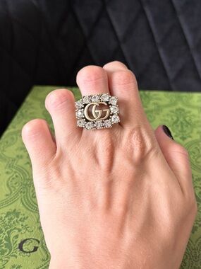Gucci Gold GG Crystal-Frame Ring with Clear Stones